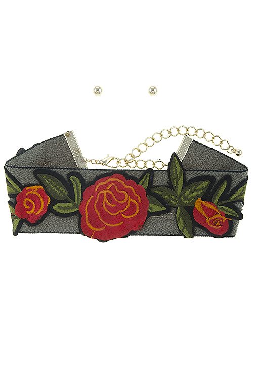 Rose embroidered choker necklace