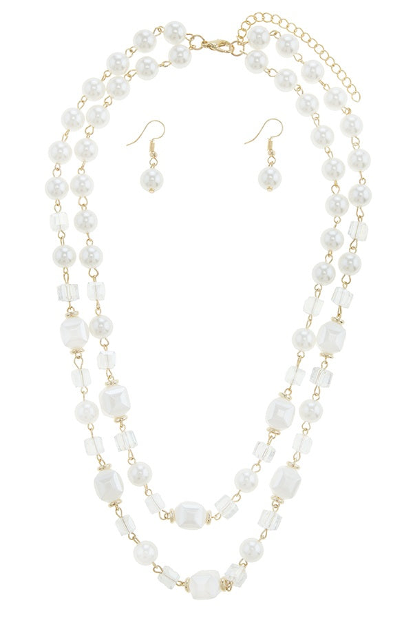 Double layer pearl and cube station necklace set