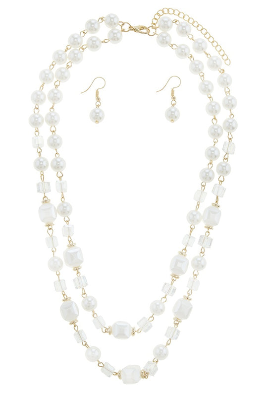 Double layer pearl and cube station necklace set
