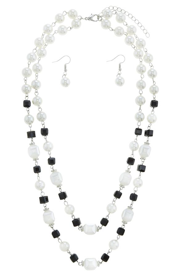 Double layer pearl and cube station necklace set