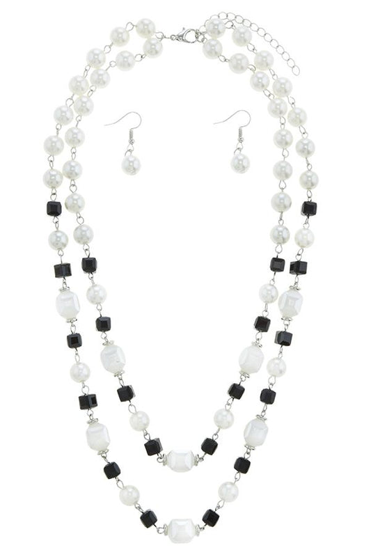 Double layer pearl and cube station necklace set