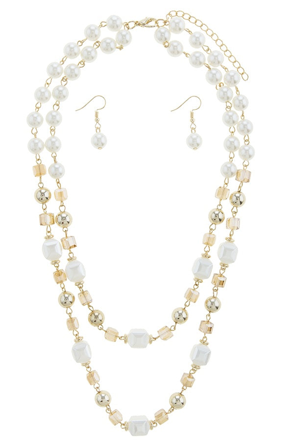 Double layer pearl and cube station necklace set