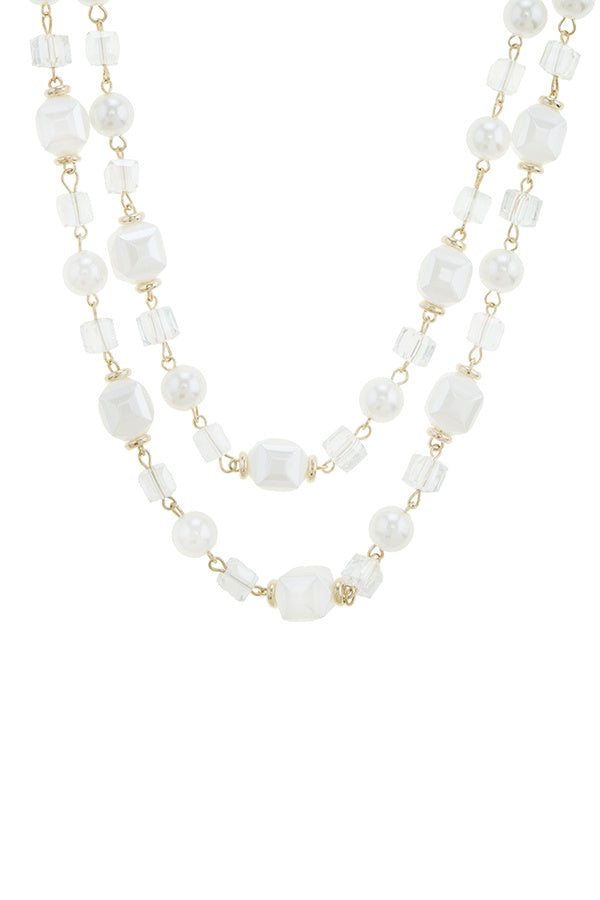 Double layer pearl and cube station necklace set