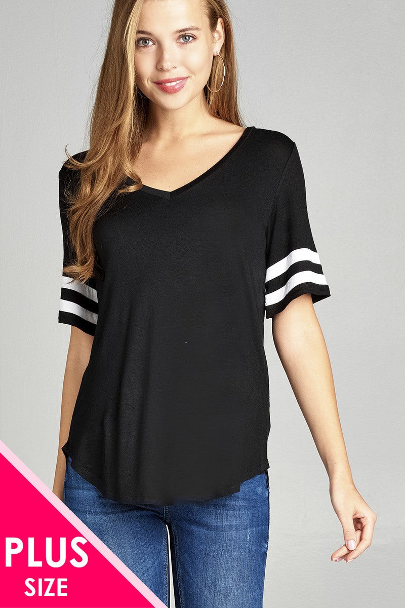 Ladies fashion plus size short double stripe sleeve v-neck rayon spandex top