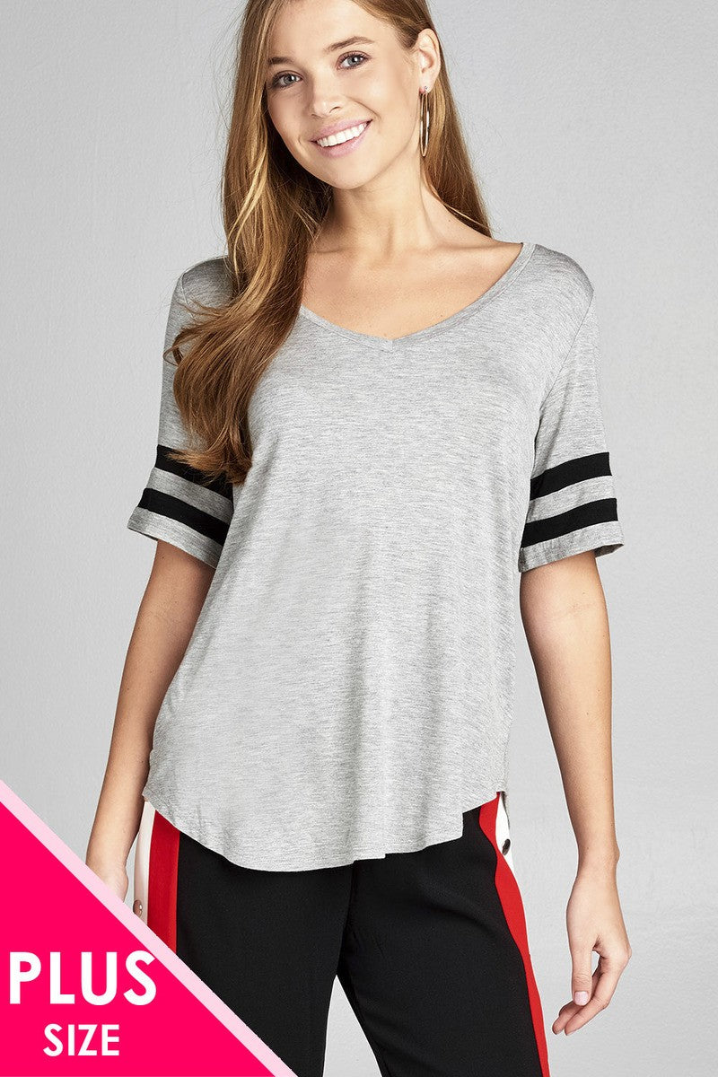 Ladies fashion plus size short double stripe sleeve v-neck rayon spandex top