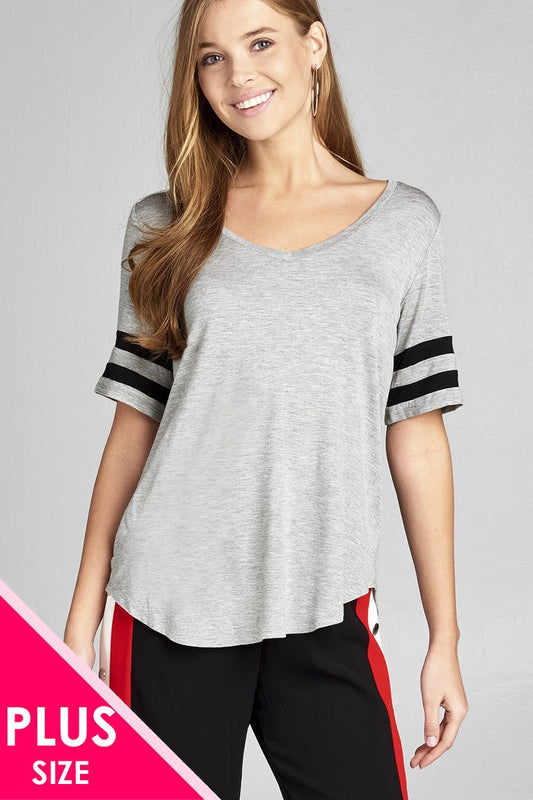 Ladies fashion plus size short double stripe sleeve v-neck rayon spandex top