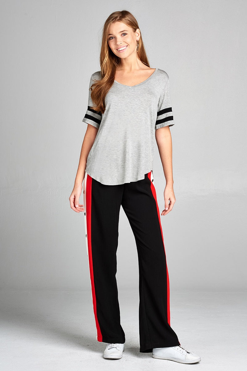 Ladies fashion plus size short double stripe sleeve v-neck rayon spandex top