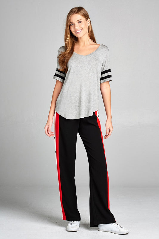 Ladies fashion plus size short double stripe sleeve v-neck rayon spandex top
