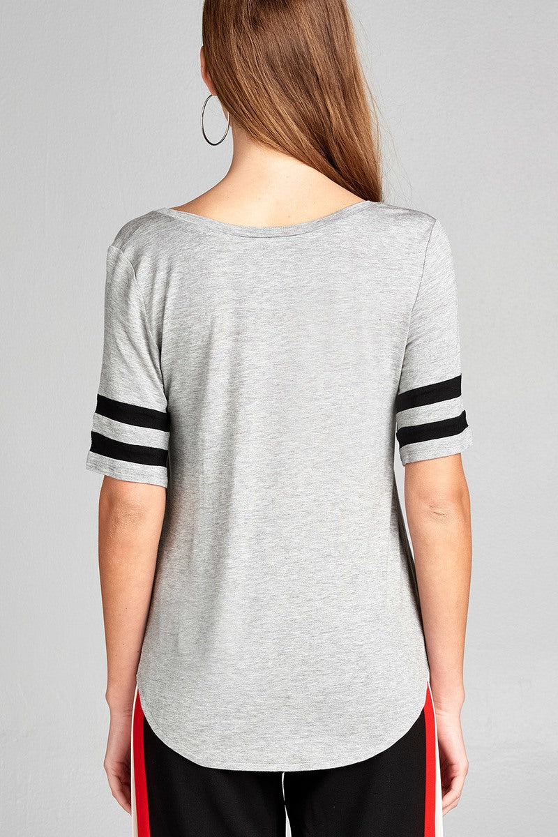 Ladies fashion plus size short double stripe sleeve v-neck rayon spandex top