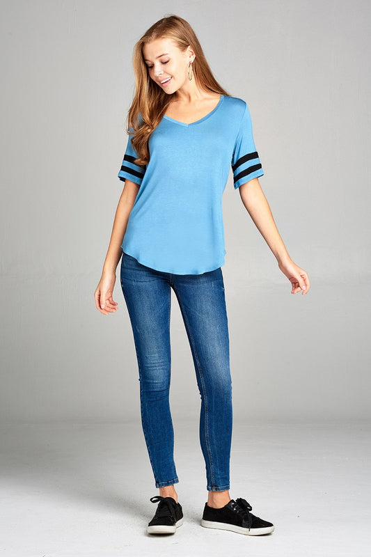 Ladies fashion plus size short double stripe sleeve v-neck rayon spandex top