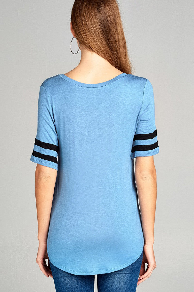 Ladies fashion plus size short double stripe sleeve v-neck rayon spandex top