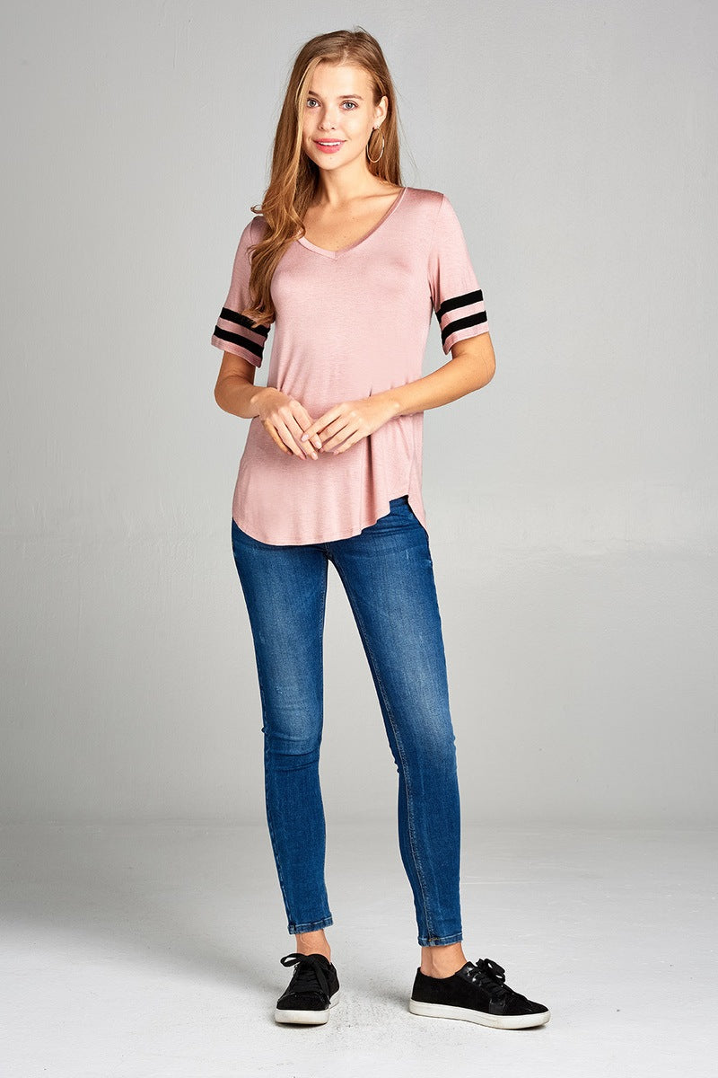 Ladies fashion plus size short double stripe sleeve v-neck rayon spandex top