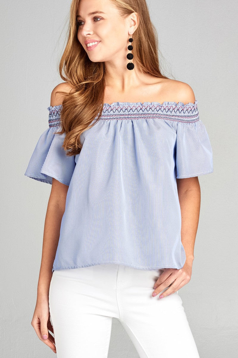 Ladies fashion short sleeve off the shoulder w/special smocked stripe woven top