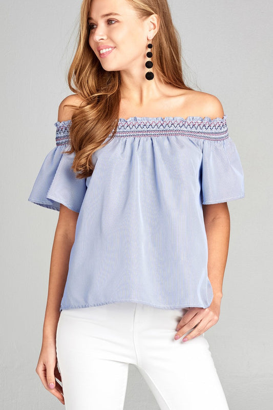 Ladies fashion short sleeve off the shoulder w/special smocked stripe woven top