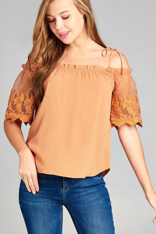 Ladies fashion scallop lace sleeve open shoulder w/tie strap crepe woven top