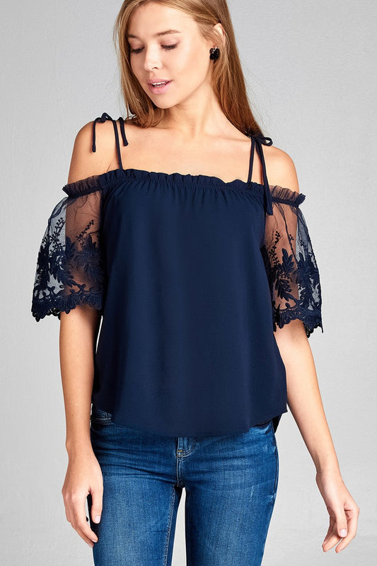 Ladies fashion scallop lace sleeve open shoulder w/tie strap crepe woven top