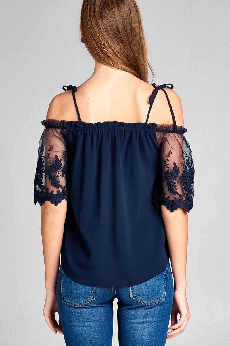Ladies fashion scallop lace sleeve open shoulder w/tie strap crepe woven top