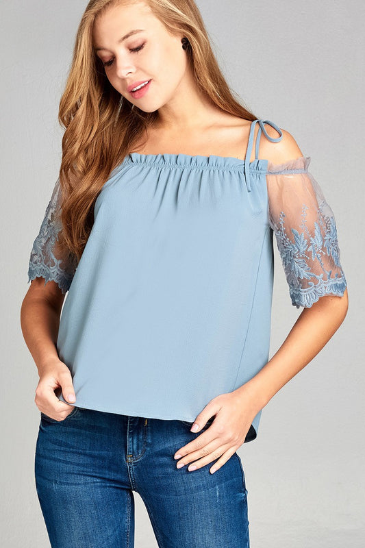 Ladies fashion scallop lace sleeve open shoulder w/tie strap crepe woven top
