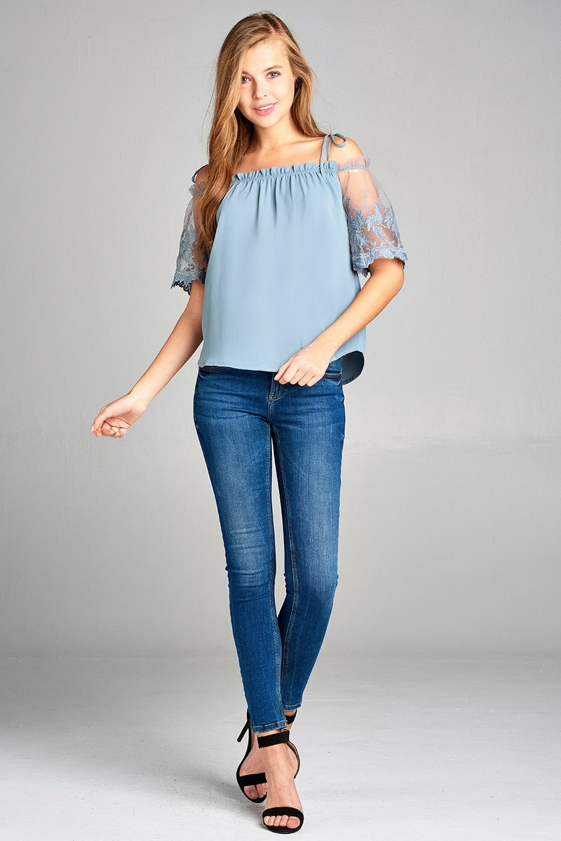 Ladies fashion scallop lace sleeve open shoulder w/tie strap crepe woven top