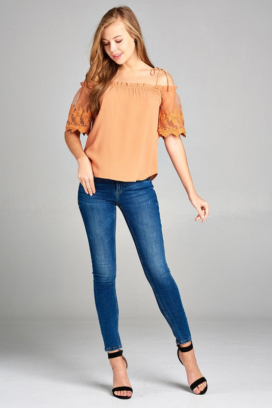 Ladies fashion scallop lace sleeve open shoulder w/tie strap crepe woven top