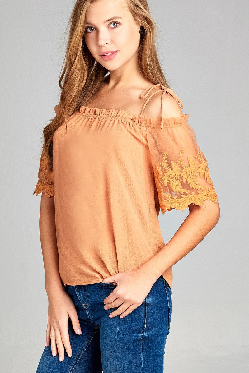 Ladies fashion scallop lace sleeve open shoulder w/tie strap crepe woven top