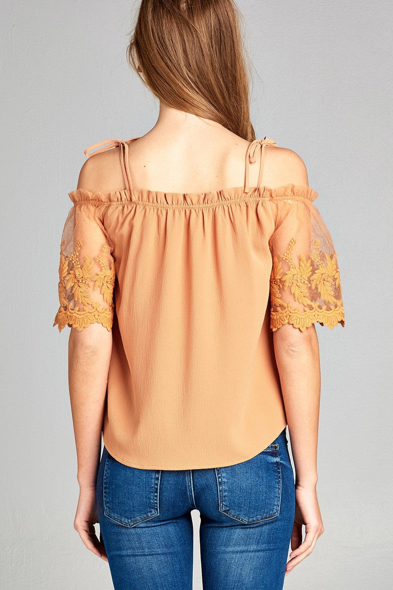 Ladies fashion scallop lace sleeve open shoulder w/tie strap crepe woven top