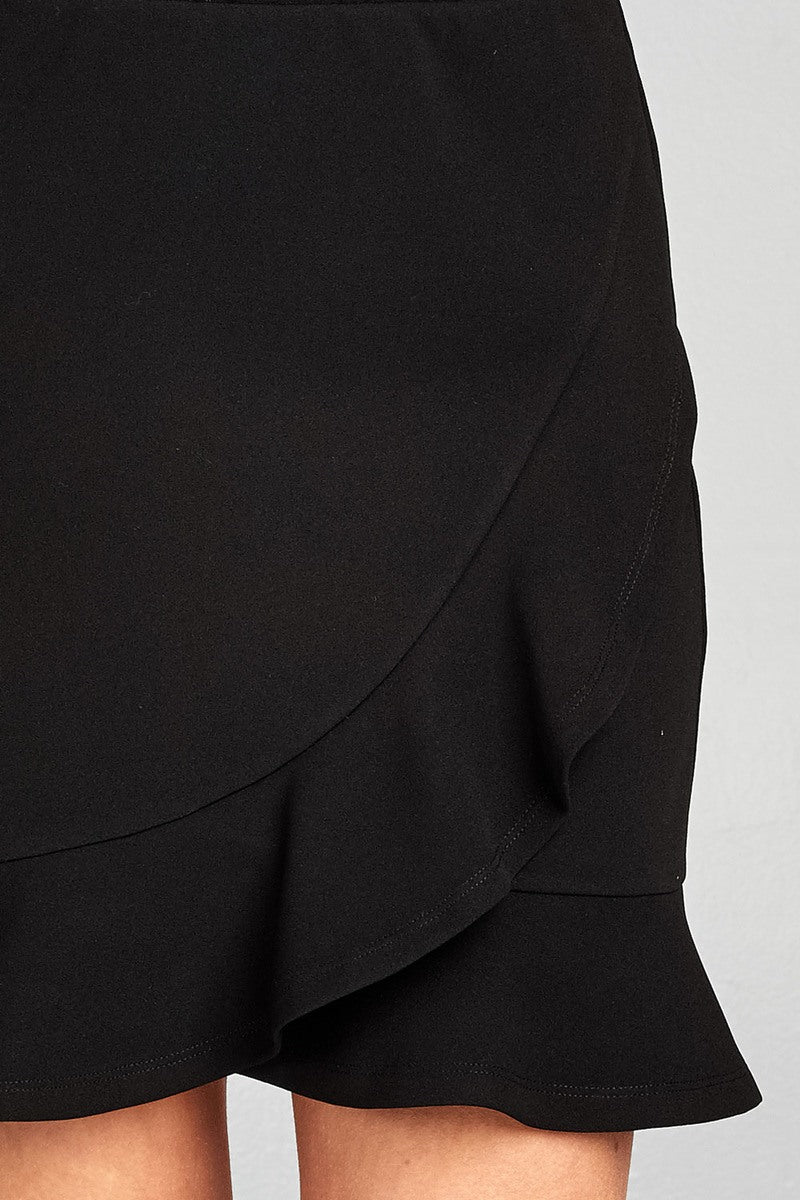 Ladies fashion banded waist wrap look w/ruffle mini skirt