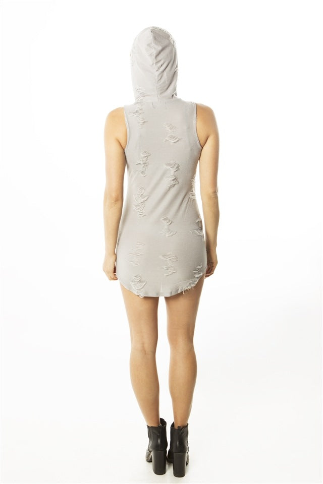 Ladies fashion distress round hem hoodie mini dress