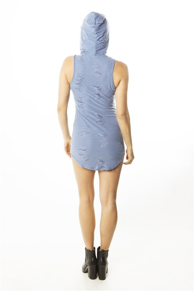 Ladies fashion distress round hem hoodie mini dress