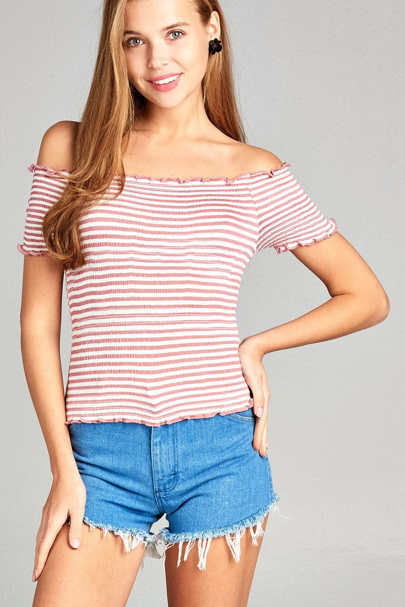 Ladies fashion short sleeve off the shoulder smocked detail stripe crop rayon spandex top