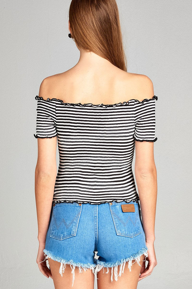 Ladies fashion short sleeve off the shoulder smocked detail stripe crop rayon spandex top