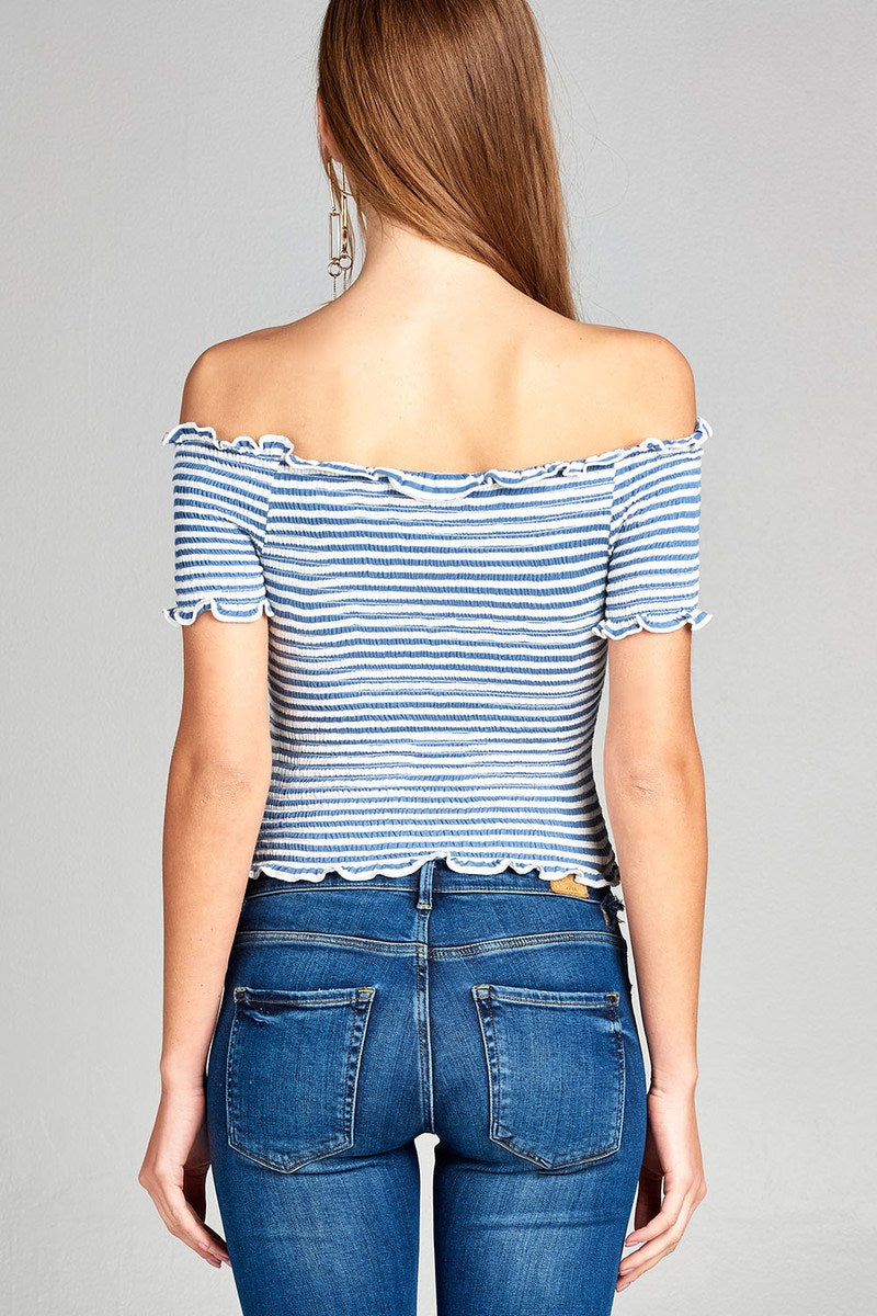 Ladies fashion short sleeve off the shoulder smocked detail stripe crop rayon spandex top