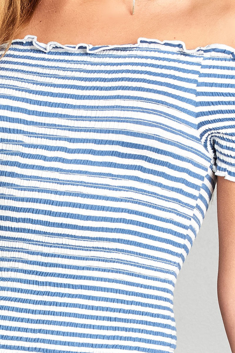 Ladies fashion short sleeve off the shoulder smocked detail stripe crop rayon spandex top