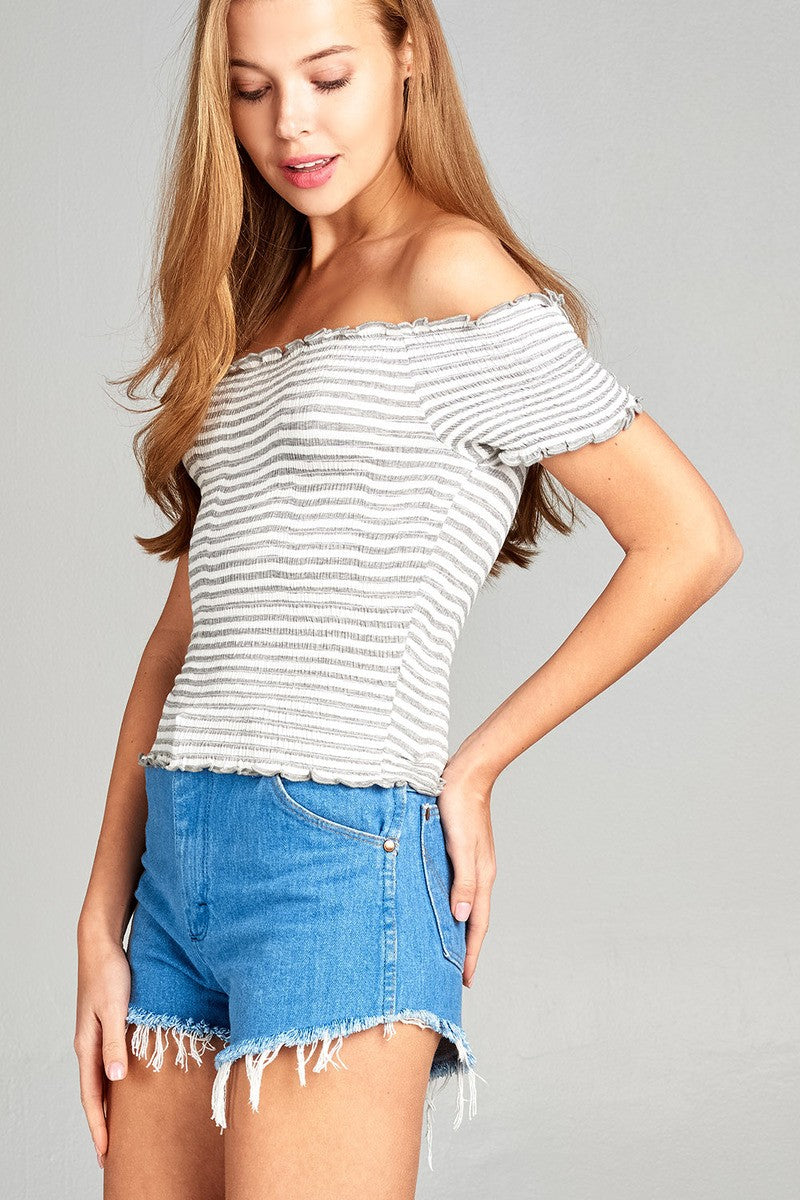 Ladies fashion short sleeve off the shoulder smocked detail stripe crop rayon spandex top