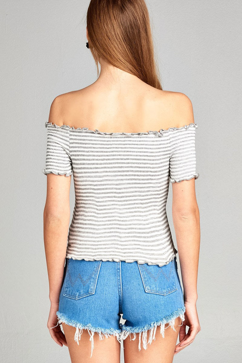 Ladies fashion short sleeve off the shoulder smocked detail stripe crop rayon spandex top