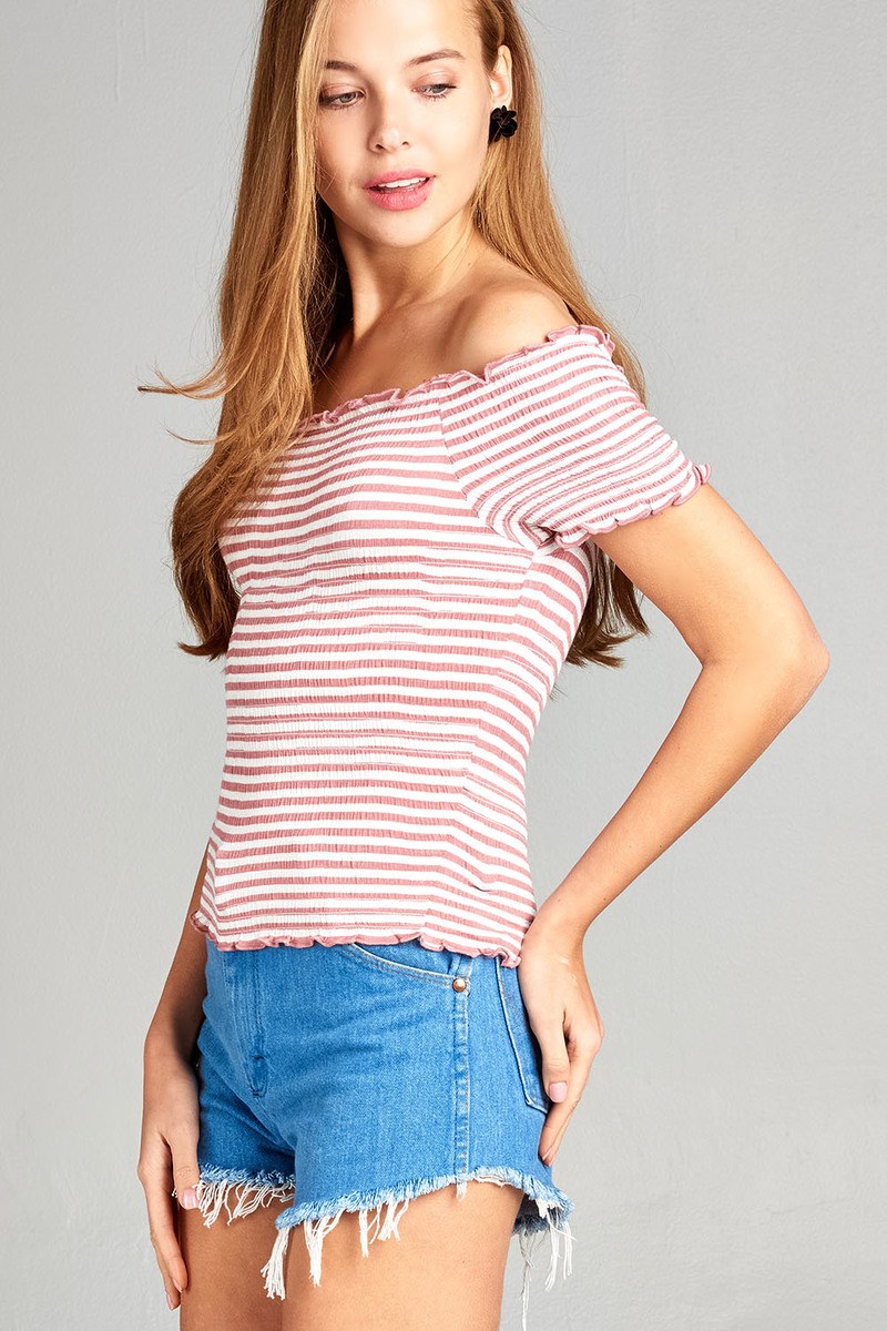 Ladies fashion short sleeve off the shoulder smocked detail stripe crop rayon spandex top