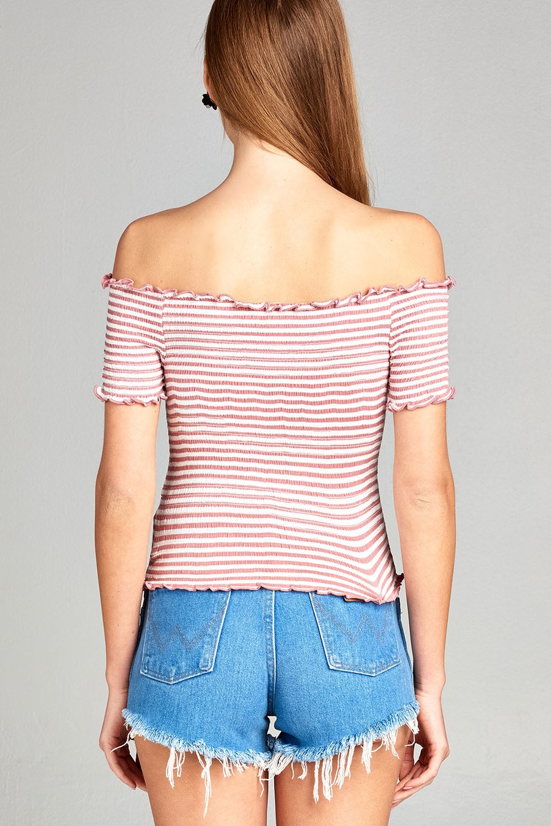 Ladies fashion short sleeve off the shoulder smocked detail stripe crop rayon spandex top
