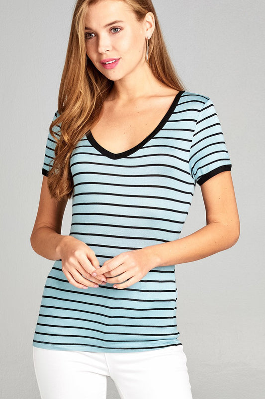 Ladies fashion short sleeve v-neck yarn dyed stripe rayon spandex top