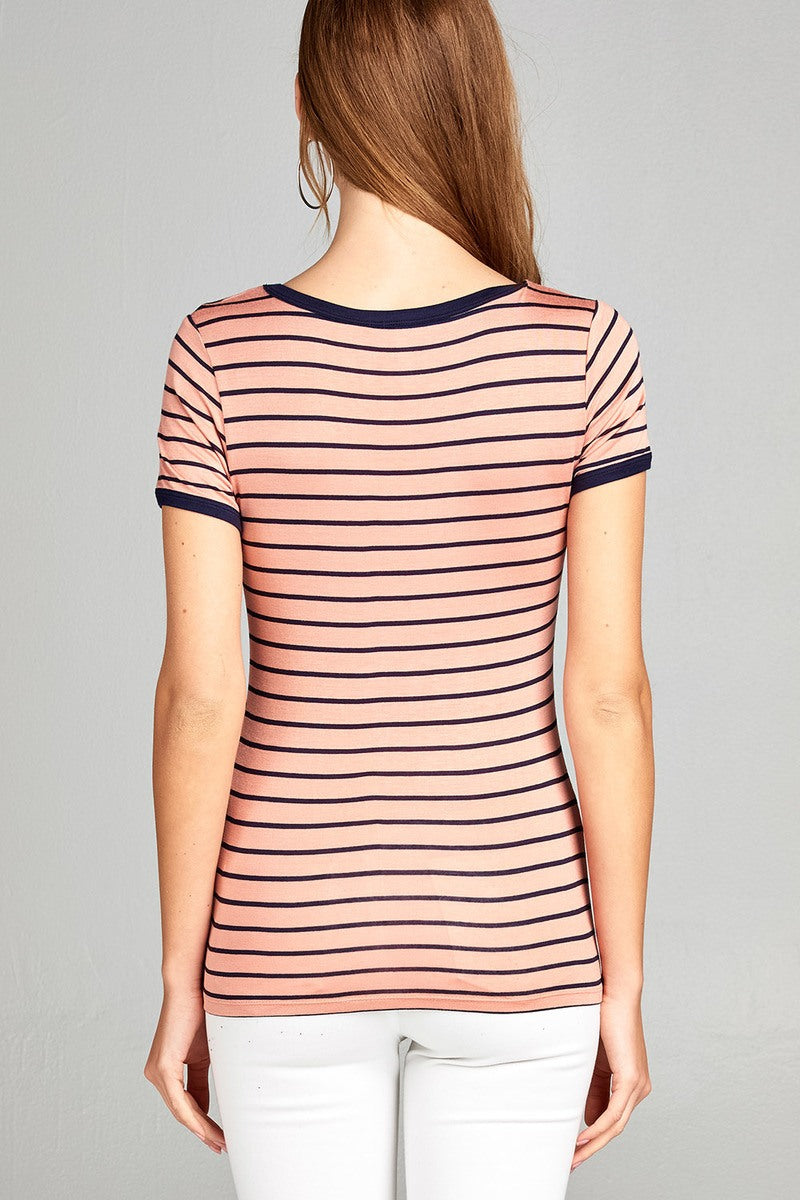Ladies fashion short sleeve v-neck yarn dyed stripe rayon spandex top