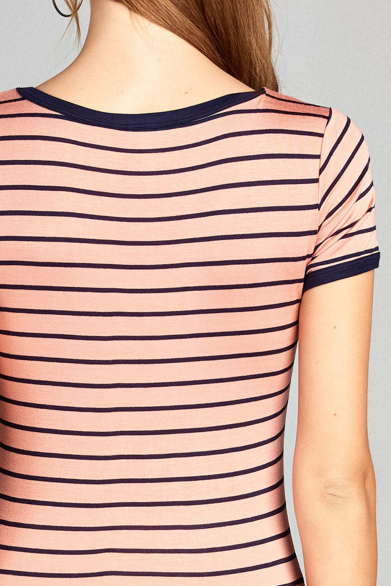 Ladies fashion short sleeve v-neck yarn dyed stripe rayon spandex top