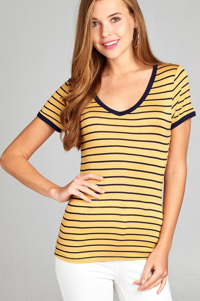 Ladies fashion short sleeve v-neck yarn dyed stripe rayon spandex top