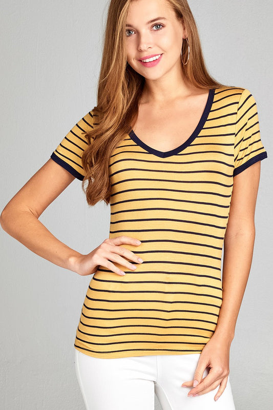 Ladies fashion short sleeve v-neck yarn dyed stripe rayon spandex top