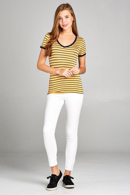 Ladies fashion short sleeve v-neck yarn dyed stripe rayon spandex top