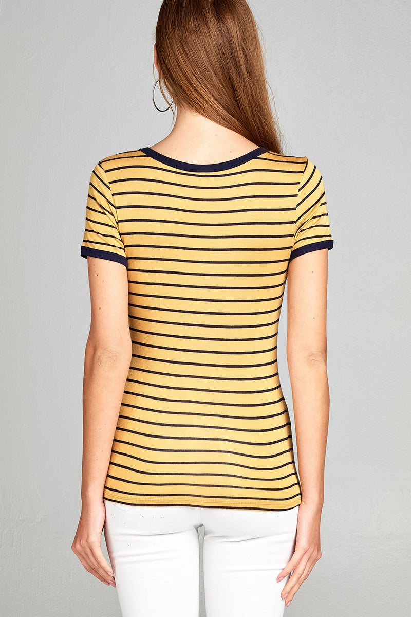 Ladies fashion short sleeve v-neck yarn dyed stripe rayon spandex top