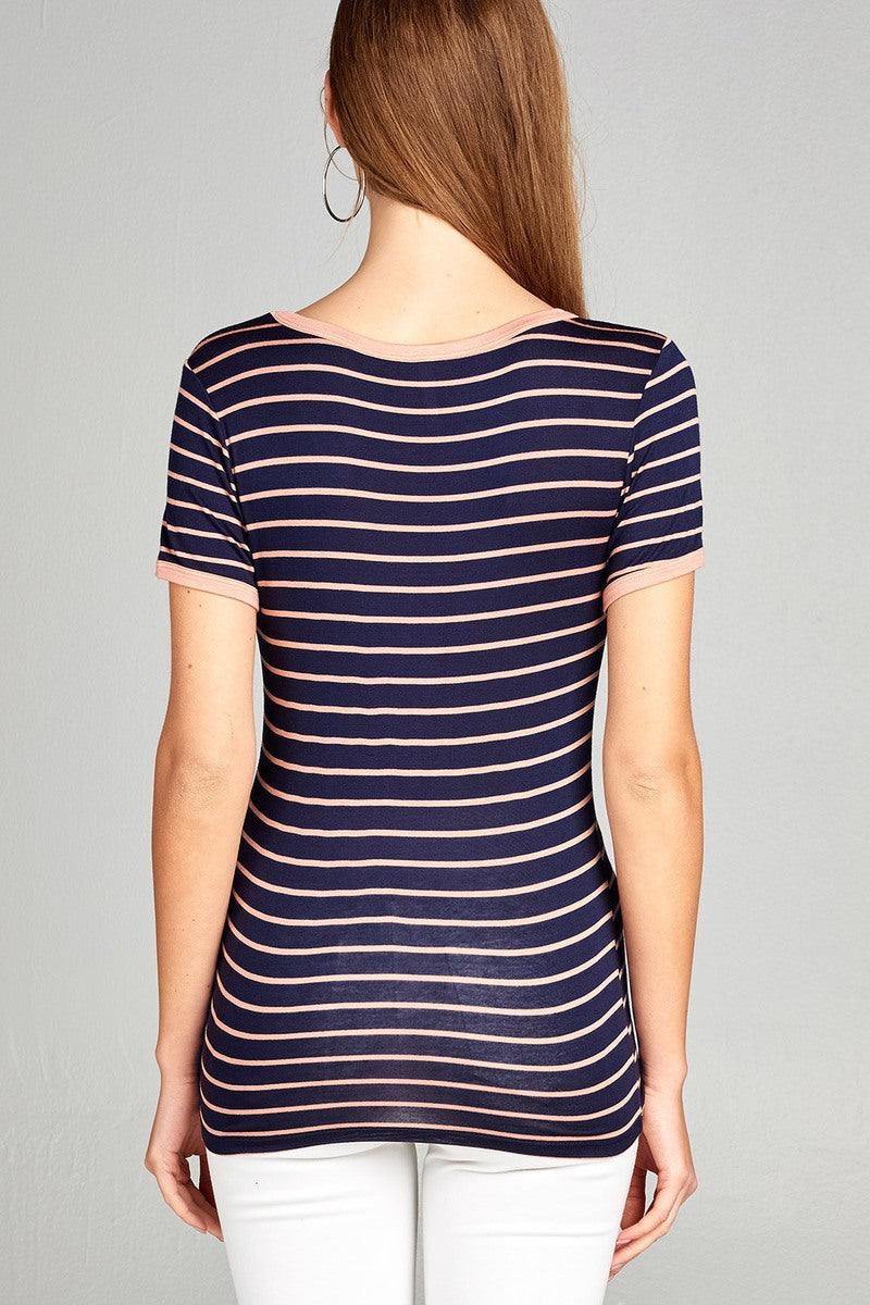 Ladies fashion short sleeve v-neck yarn dyed stripe rayon spandex top