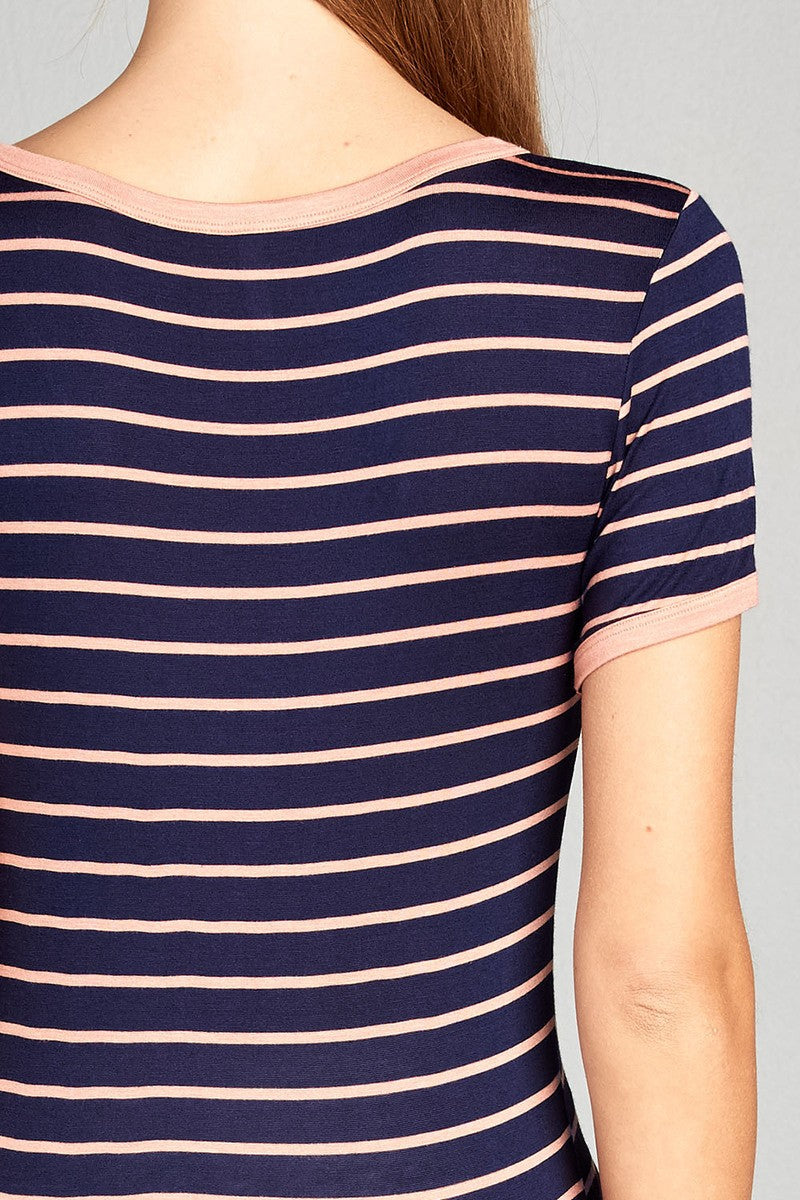 Ladies fashion short sleeve v-neck yarn dyed stripe rayon spandex top