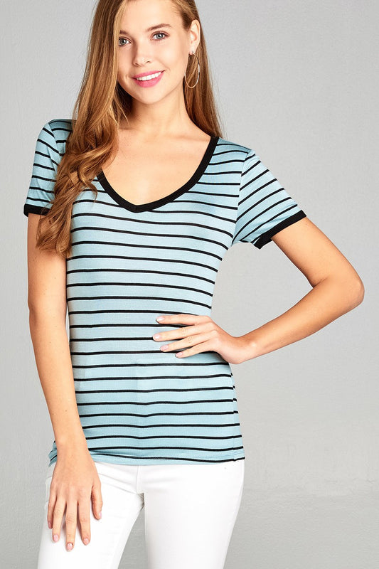 Ladies fashion short sleeve v-neck yarn dyed stripe rayon spandex top