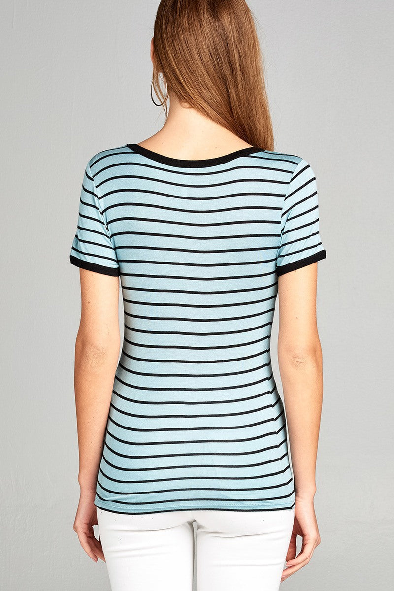 Ladies fashion short sleeve v-neck yarn dyed stripe rayon spandex top