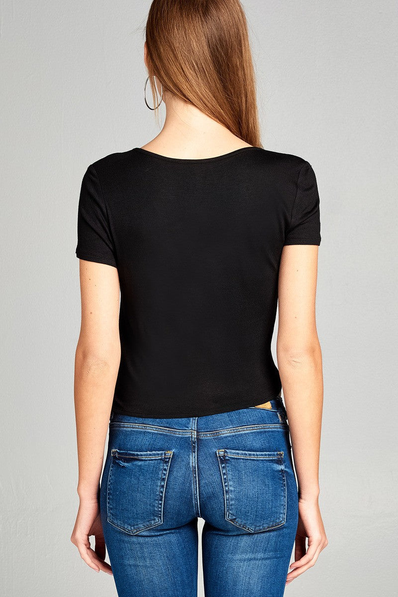 Ladies fashion short sleeve v-neck w/cross strap front self tie rayon spandex top