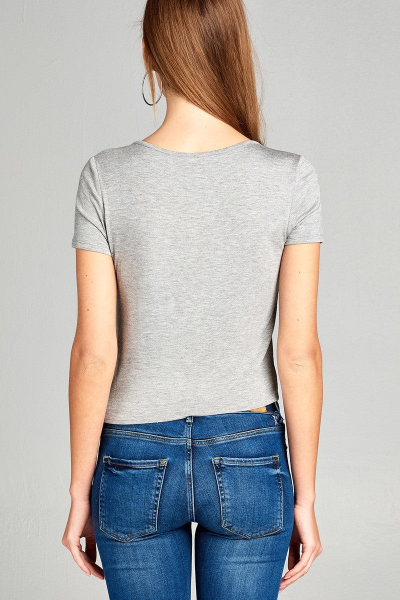 Ladies fashion short sleeve v-neck w/cross strap front self tie rayon spandex top
